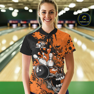 Custom Black And Orange Splatter Skull Bowling Women Quarter-Zip Shirt, Halloween Outfit IPHW9727