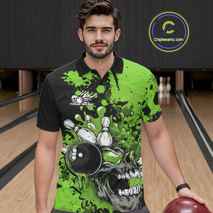 Custom Black And Green Splatter Skull Bowling Team Men Polo Shirt, Halloween Outfit IPHW9728