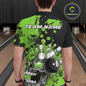 Custom Black And Green Splatter Skull Bowling Team Men Polo Shirt, Halloween Outfit IPHW9728