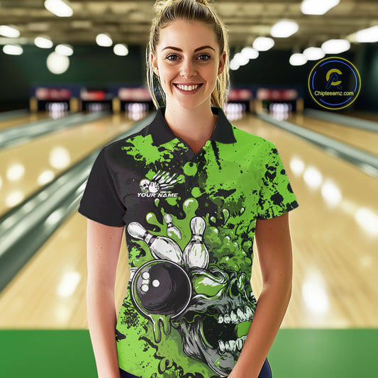 Custom Black And Green Splatter Skull Bowling Team Women Polo Shirt, Halloween Outfit IPHW9728