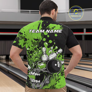 Custom Black And Green Splatter Skull Bowling Team Men Quarter-Zip Shirt, Halloween Outfit IPHW9728