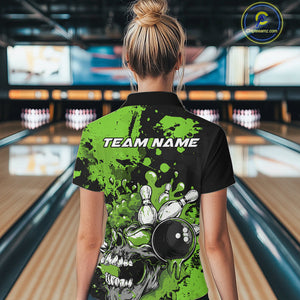 Custom Black And Green Splatter Skull Bowling Women Quarter-Zip Shirt, Halloween Outfit IPHW9728