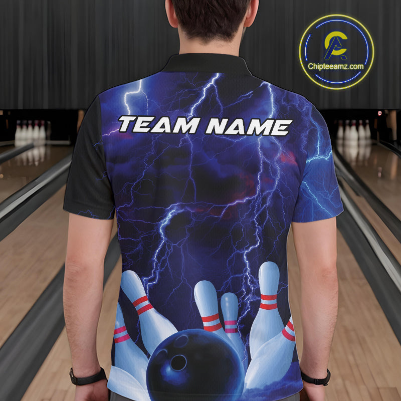 Custom Blue Thunder Lightning Bowling Ball And Pins Polo Shirts For Men, Team Uniform IPHW9506