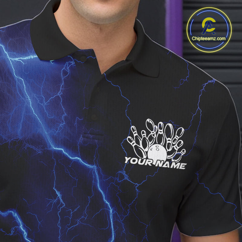Custom Blue Thunder Lightning Bowling Ball And Pins Polo Shirts For Men, Team Uniform IPHW9506