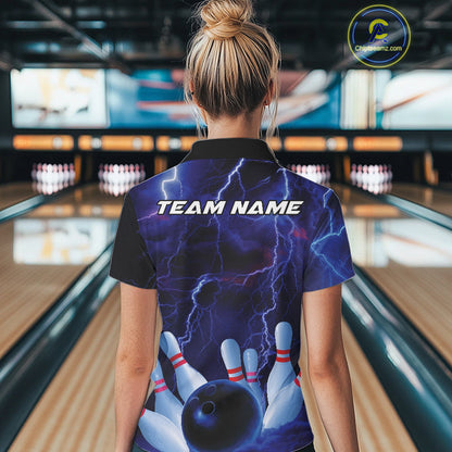 Custom Blue Thunder Lightning Bowling Ball And Pins Polo Shirts For Women, Team Uniform IPHW9506
