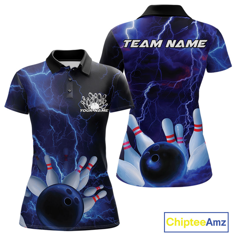 Custom Blue Thunder Lightning Bowling Ball And Pins Polo Shirts For Women, Team Uniform IPHW9506