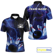 Load image into Gallery viewer, Custom Blue Thunder Lightning Bowling Ball And Pins Polo Shirts For Men, Team Uniform IPHW9506