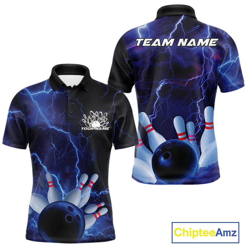 Custom Blue Thunder Lightning Bowling Ball And Pins Polo Shirts For Men, Team Uniform IPHW9506