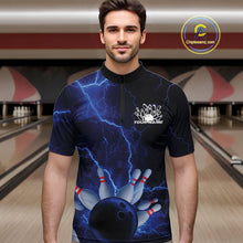 Load image into Gallery viewer, Custom Blue Thunder Lightning Bowling Ball And Pins Quarter-Zip Shirts For Men, Team Uniform IPHW9506