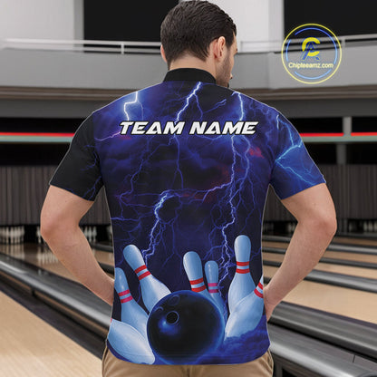 Custom Blue Thunder Lightning Bowling Ball And Pins Quarter-Zip Shirts For Men, Team Uniform IPHW9506