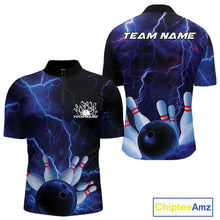 Load image into Gallery viewer, Custom Blue Thunder Lightning Bowling Ball And Pins Quarter-Zip Shirts For Men, Team Uniform IPHW9506