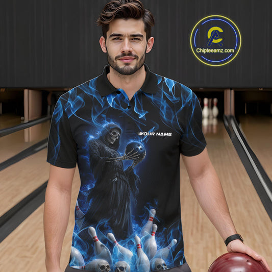 Custom Blue Flame Grim Reaper Bowling Polo Shirts For Men, Halloween Bowling Outfit IPHW9729
