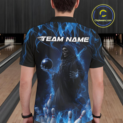 Custom Blue Flame Grim Reaper Bowling Polo Shirts For Men, Halloween Bowling Outfit IPHW9729