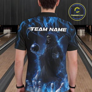 Custom Blue Flame Grim Reaper Bowling Polo Shirts For Men, Halloween Bowling Outfit IPHW9729