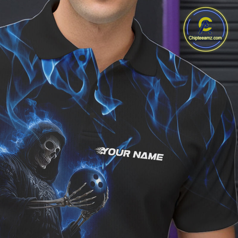 Custom Blue Flame Grim Reaper Bowling Polo Shirts For Men, Halloween Bowling Outfit IPHW9729