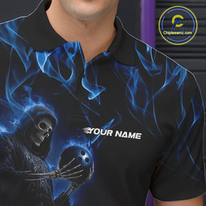 Custom Blue Flame Grim Reaper Bowling Polo Shirts For Men, Halloween Bowling Outfit IPHW9729