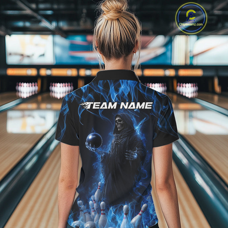 Custom Blue Flame Grim Reaper Bowling Polo Shirts For Women, Halloween Bowling Outfit IPHW9729