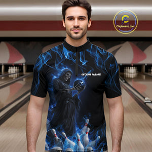 Custom Blue Flame Grim Reaper Bowling Quarter-Zip Shirts For Men, Halloween Bowling Outfit IPHW9729