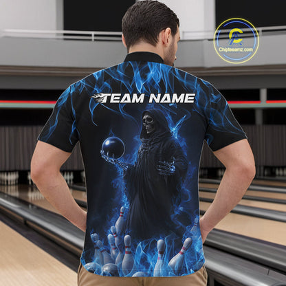 Custom Blue Flame Grim Reaper Bowling Quarter-Zip Shirts For Men, Halloween Bowling Outfit IPHW9729