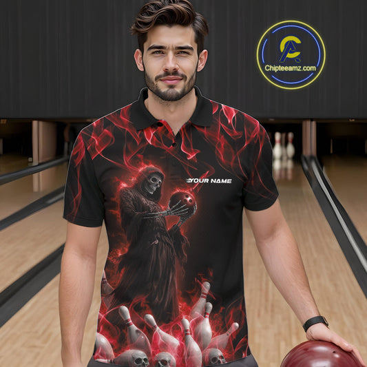Custom Red Flame Grim Reaper Bowling Polo Shirts For Men, Halloween Bowling Outfit IPHW9730