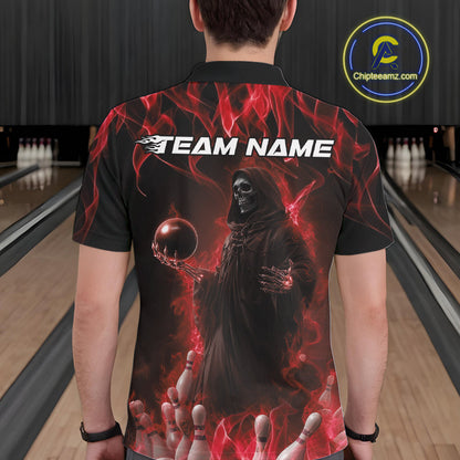 Custom Red Flame Grim Reaper Bowling Polo Shirts For Men, Halloween Bowling Outfit IPHW9730