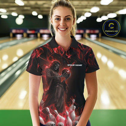 Custom Red Flame Grim Reaper Bowling Polo Shirts For Women, Halloween Bowling Outfit IPHW9730