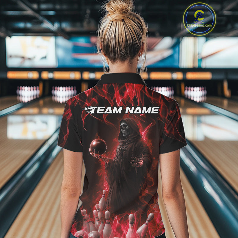Custom Red Flame Grim Reaper Bowling Polo Shirts For Women, Halloween Bowling Outfit IPHW9730