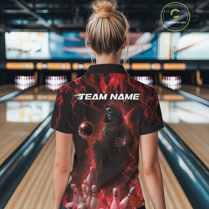 Custom Red Flame Grim Reaper Bowling Polo Shirts For Women, Halloween Bowling Outfit IPHW9730