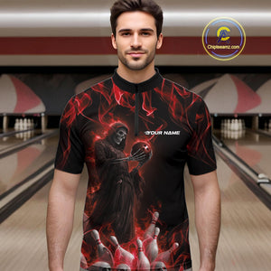 Custom Red Flame Grim Reaper Bowling Quarter-Zip Shirts For Men, Halloween Bowling Outfit IPHW9730
