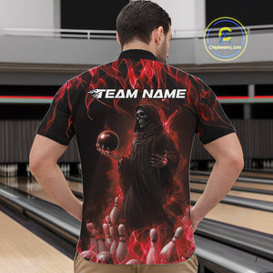 Custom Red Flame Grim Reaper Bowling Quarter-Zip Shirts For Men, Halloween Bowling Outfit IPHW9730