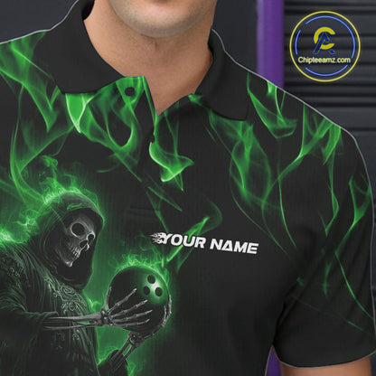 Custom Green Flame Grim Reaper Bowling Polo Shirts For Men, Halloween Bowling Outfit IPHW9731