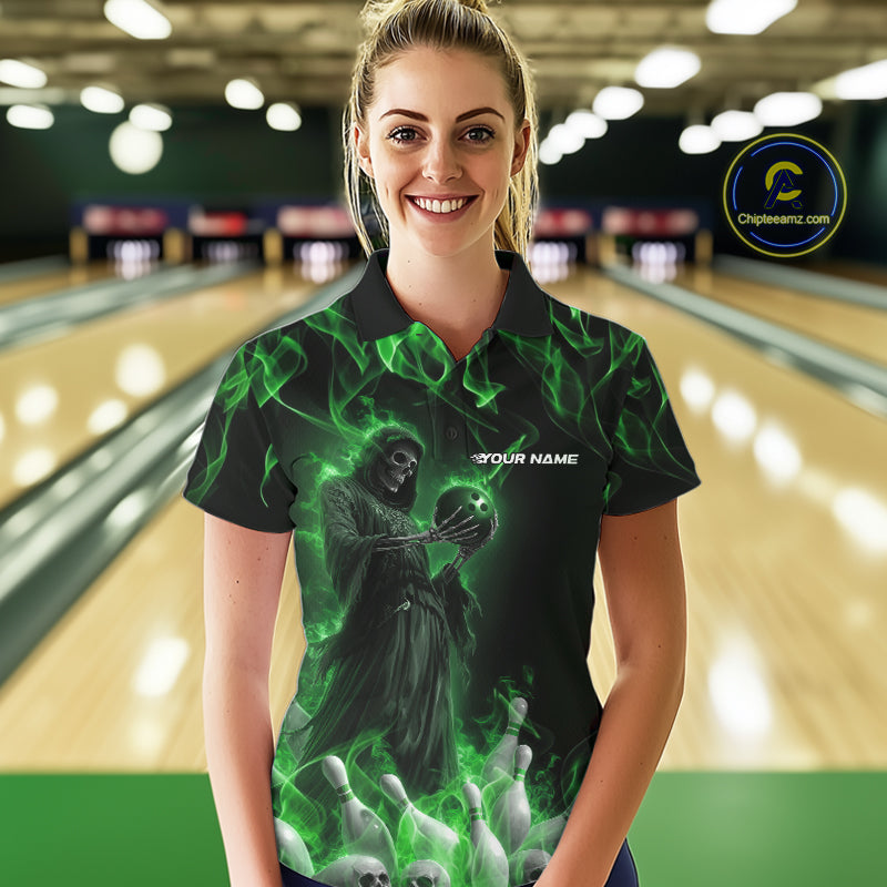 Custom Green Flame Grim Reaper Bowling Polo Shirts For Women, Halloween Bowling Outfit IPHW9731