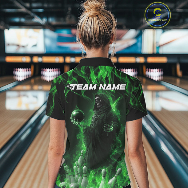 Custom Green Flame Grim Reaper Bowling Polo Shirts For Women, Halloween Bowling Outfit IPHW9731