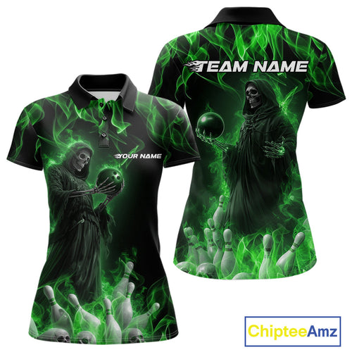 Custom Green Flame Grim Reaper Bowling Polo Shirts For Women, Halloween Bowling Outfit IPHW9731