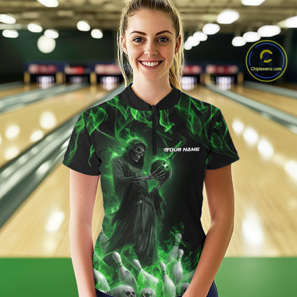 Custom Green Flame Grim Reaper Bowling Women Quarter-Zip Shirts, Halloween Bowling Outfit IPHW9731