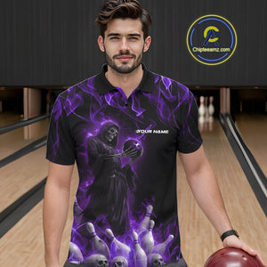 Custom Purple Flame Grim Reaper Bowling Polo Shirts For Men, Halloween Bowling Outfit IPHW9732