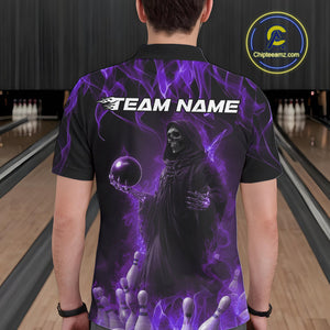 Custom Purple Flame Grim Reaper Bowling Polo Shirts For Men, Halloween Bowling Outfit IPHW9732