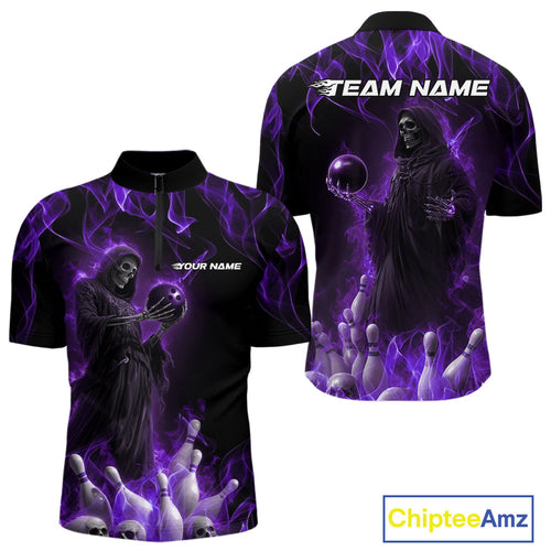 Custom Purple Flame Grim Reaper Bowling Quarter-Zip Shirts For Men, Halloween Bowling Outfit IPHW9732