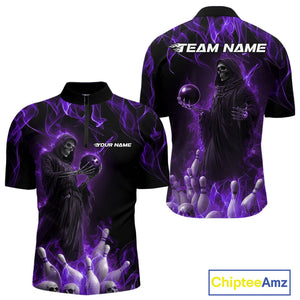 Custom Purple Flame Grim Reaper Bowling Quarter-Zip Shirts For Men, Halloween Bowling Outfit IPHW9732