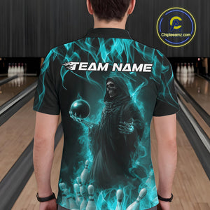 Custom Turquoise Blue Flame Grim Reaper Bowling Men Polo Shirts, Halloween Bowling Outfit IPHW9733