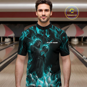 Custom Turquoise Blue Flame Grim Reaper Bowling Men Quarter-Zip Shirts, Halloween Bowling Outfit IPHW9733