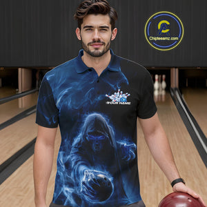 Custom Black And Blue Smoke Flame Grim Reaper Halloween Bowling Men Polo Shirts IPHW9739