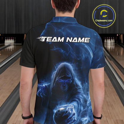 Custom Black And Blue Smoke Flame Grim Reaper Halloween Bowling Men Polo Shirts IPHW9739