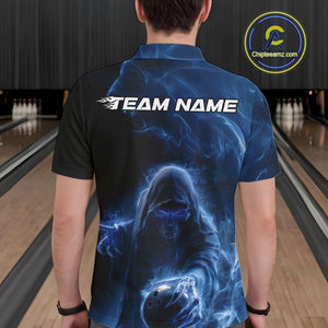 Custom Black And Blue Smoke Flame Grim Reaper Halloween Bowling Men Polo Shirts IPHW9739