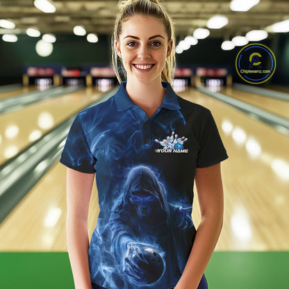 Custom Black And Blue Smoke Flame Grim Reaper Halloween Bowling Women Polo Shirts IPHW9739