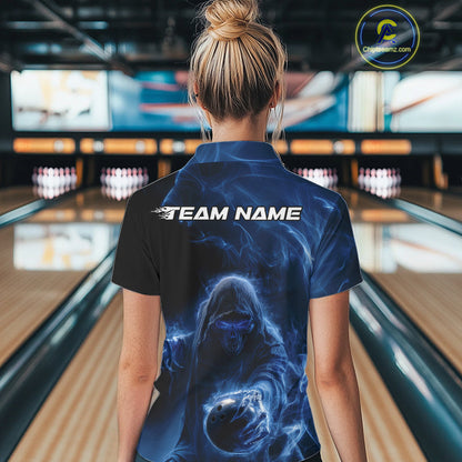Custom Black And Blue Smoke Flame Grim Reaper Halloween Bowling Women Polo Shirts IPHW9739
