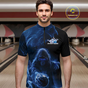 Custom Black And Blue Smoke Flame Grim Reaper Halloween Bowling Men Quarter-Zip Shirts IPHW9739