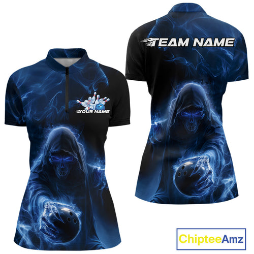 Custom Black And Blue Smoke Flame Grim Reaper Halloween Bowling Women Quarter-Zip Shirts IPHW9739