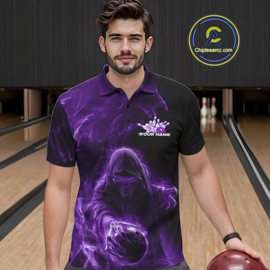 Custom Black And Purple Smoke Flame Grim Reaper Halloween Bowling Men Polo Shirts IPHW9740