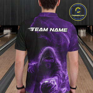 Custom Black And Purple Smoke Flame Grim Reaper Halloween Bowling Men Polo Shirts IPHW9740